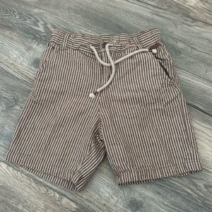 Boboli boys brown white striped cotton linen tie string waist shorts size 7/8